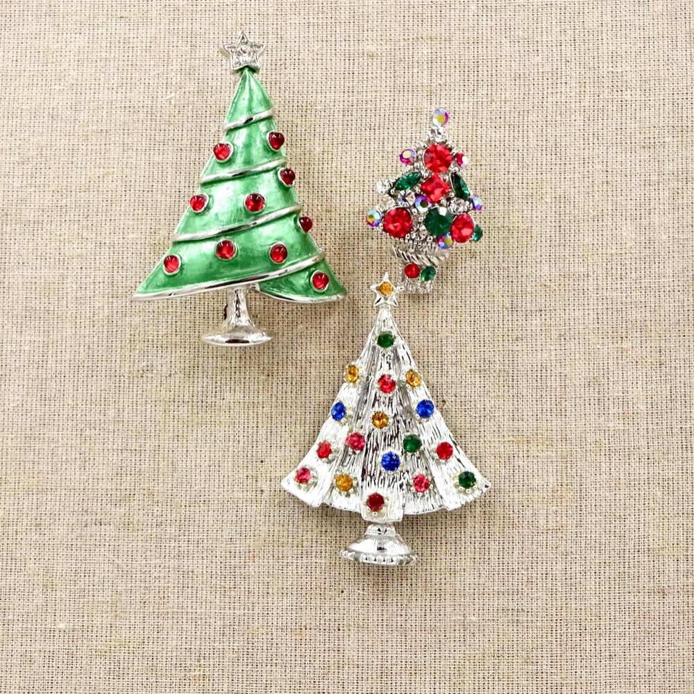 Silver Rhinestone CHRISTMAS TREE PINS Set of Three - Picture 3 of 8